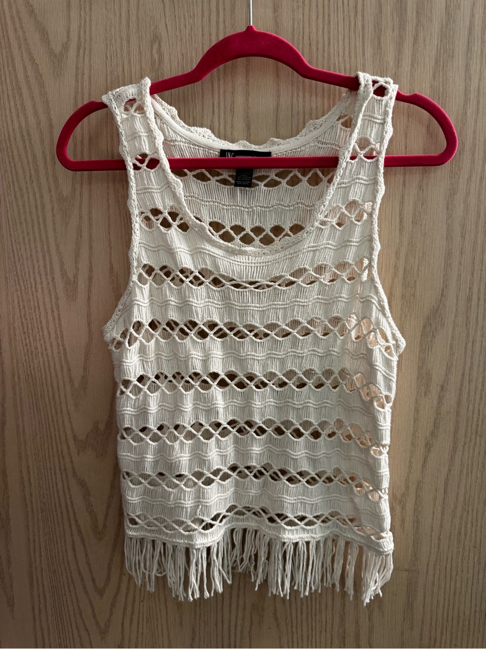 INC International Concepts Cream Crochet Fringe Tank Top